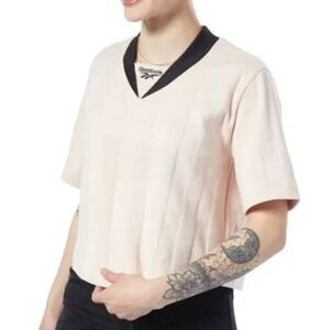 Reebok Classic Pink Striped V Neck Cropped T Shirt Womens‎ Size L